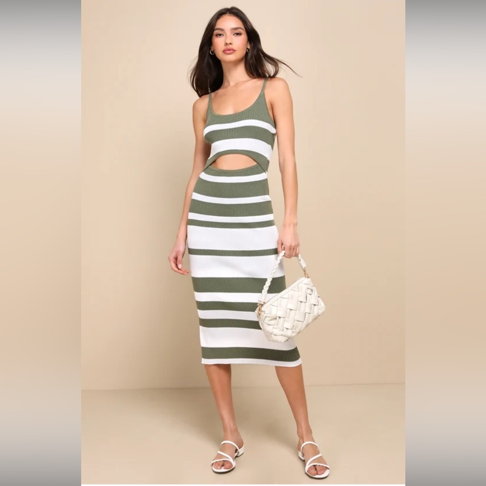 NWT Never Worn | Green Striped Ribbed Cutout Midi Dress
